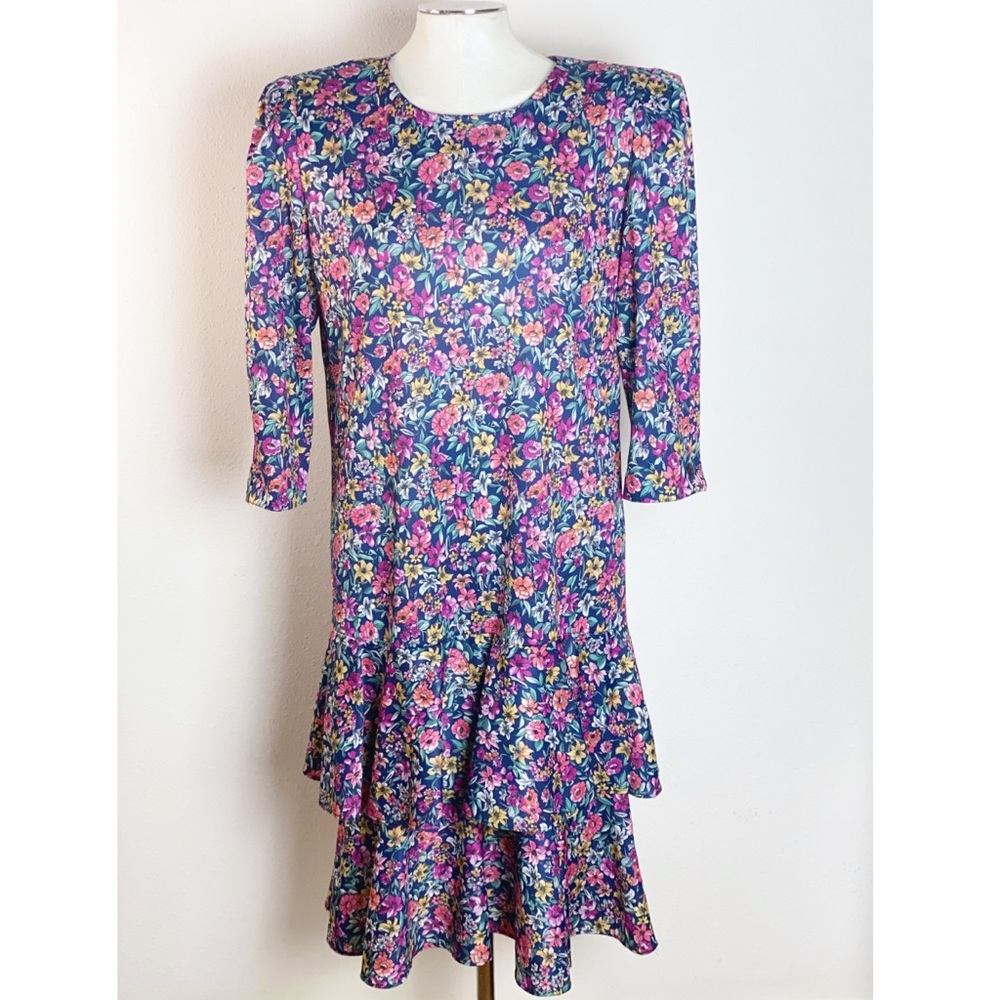 80s Vintage Floral Drop Waist Peplum Dress